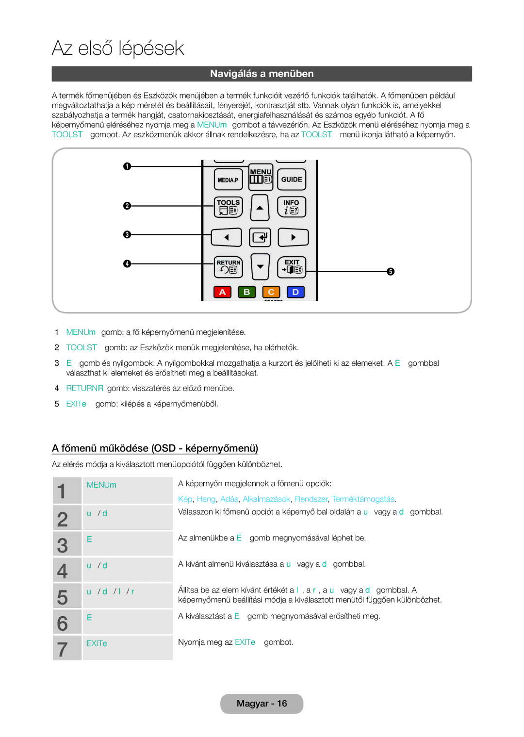 Samsung LT24C350EW/XE manual Navigálás a menüben, Főmenü működése OSD képernyőmenü, Képernyőn megjelennek a főmenü opciók 