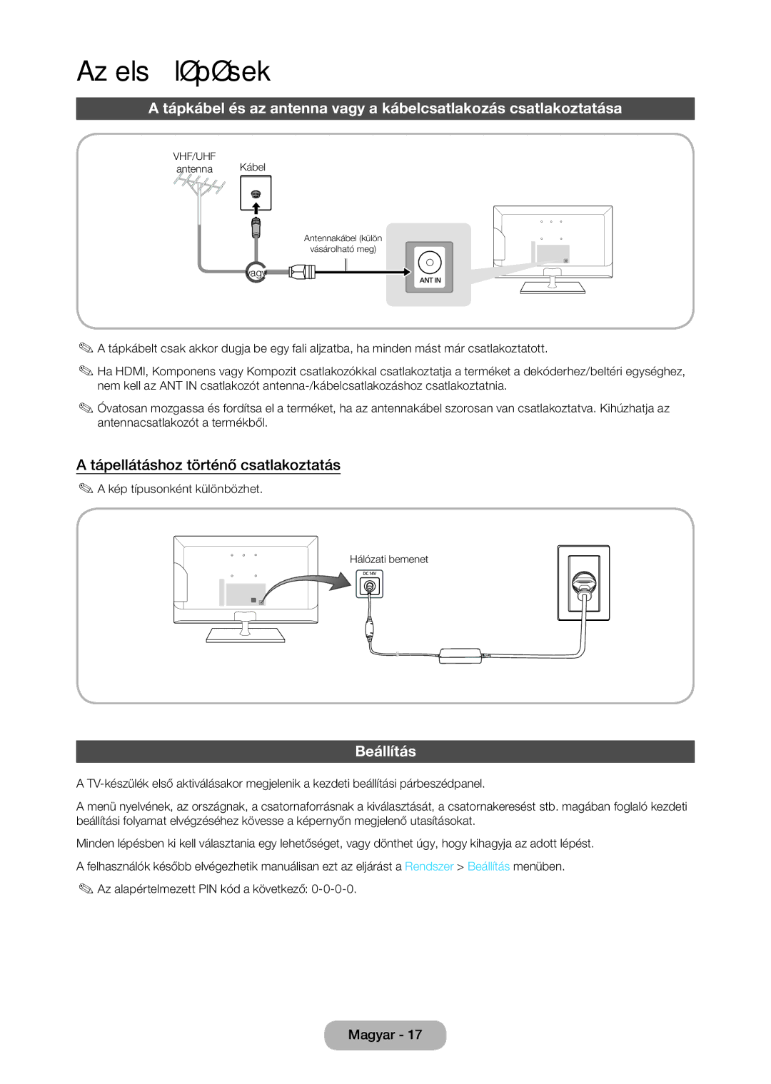 Samsung LT23C350EW/XE, LT23C350EW/EN manual Tápellátáshoz történő csatlakoztatás, Beállítás, Kép típusonként különbözhet 