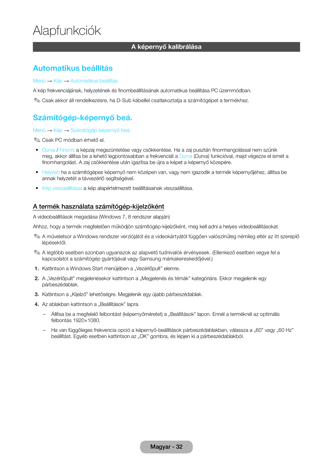 Samsung LT27C370EW/EN, LT23C350EW/EN, LT22C350EW/EN Automatikus beállítás, Számítógép-képernyő beá, Képernyő kalibrálása 