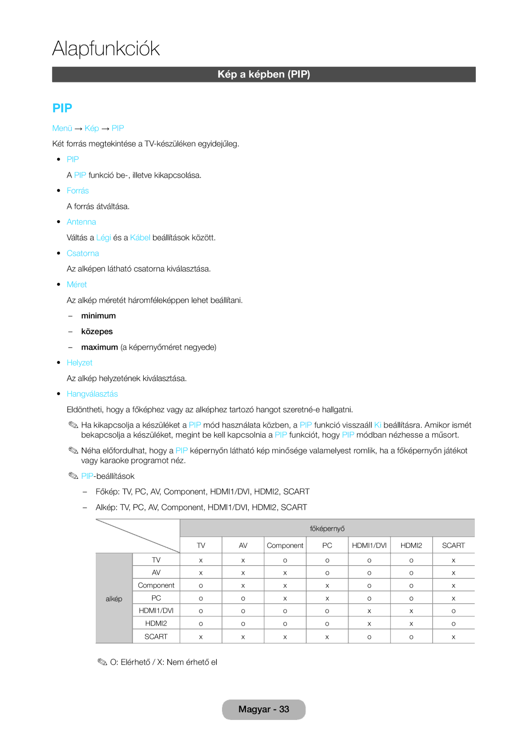 Samsung LT27C350EW/XE, LT23C350EW/EN, LT22C350EW/EN, LT24C350EW/EN, LT24C370EW/EN, LT27C350EW/EN manual Kép a képben PIP 