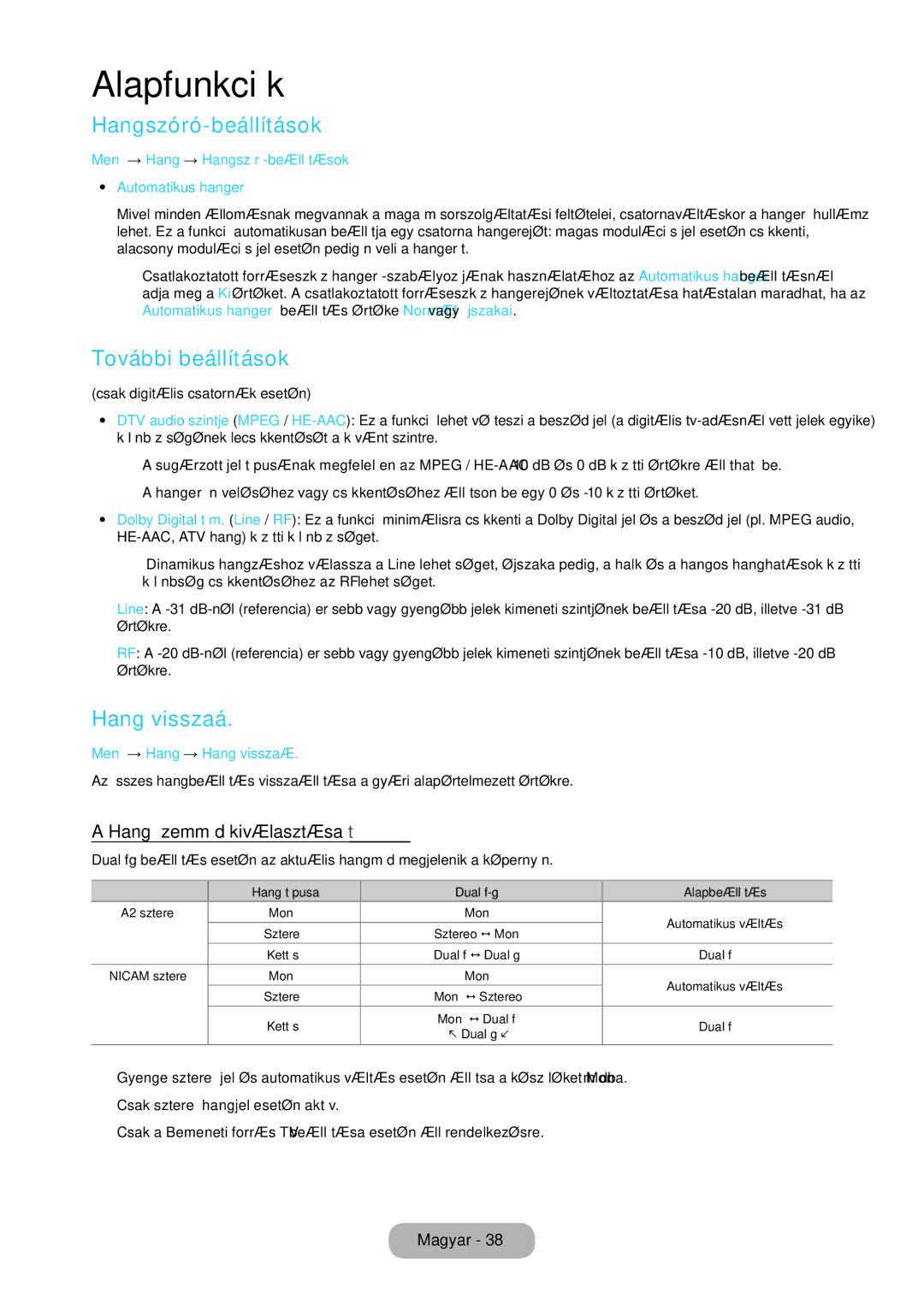 Samsung LT24C350EW/EN, LT23C350EW/EN Hangszóró-beállítások, További beállítások, Hang visszaá, Hang üzemmód kiválasztása t 