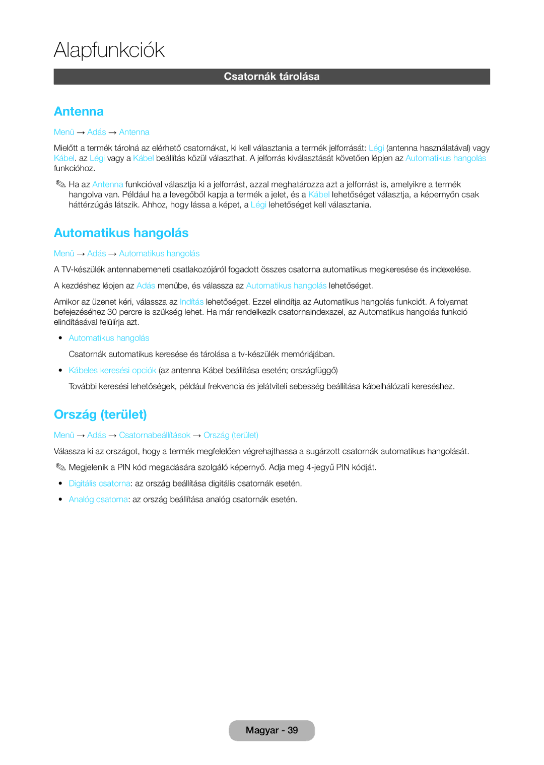 Samsung LT24C370EW/EN, LT23C350EW/EN, LT22C350EW/EN manual Antenna, Automatikus hangolás, Ország terület, Csatornák tárolása 