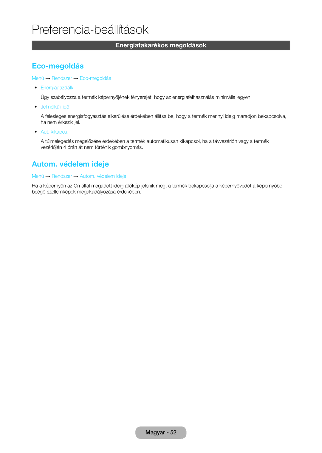 Samsung LT24C350EW/XE, LT23C350EW/EN, LT22C350EW/EN manual Eco-megoldás, Autom. védelem ideje, Energiatakarékos megoldások 