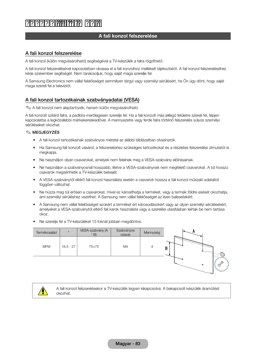 Samsung LT24C350EW/EN, LT23C350EW/EN, LT22C350EW/EN Fali konzol felszerelése, Fali konzol tartozékainak szabványadatai Vesa 