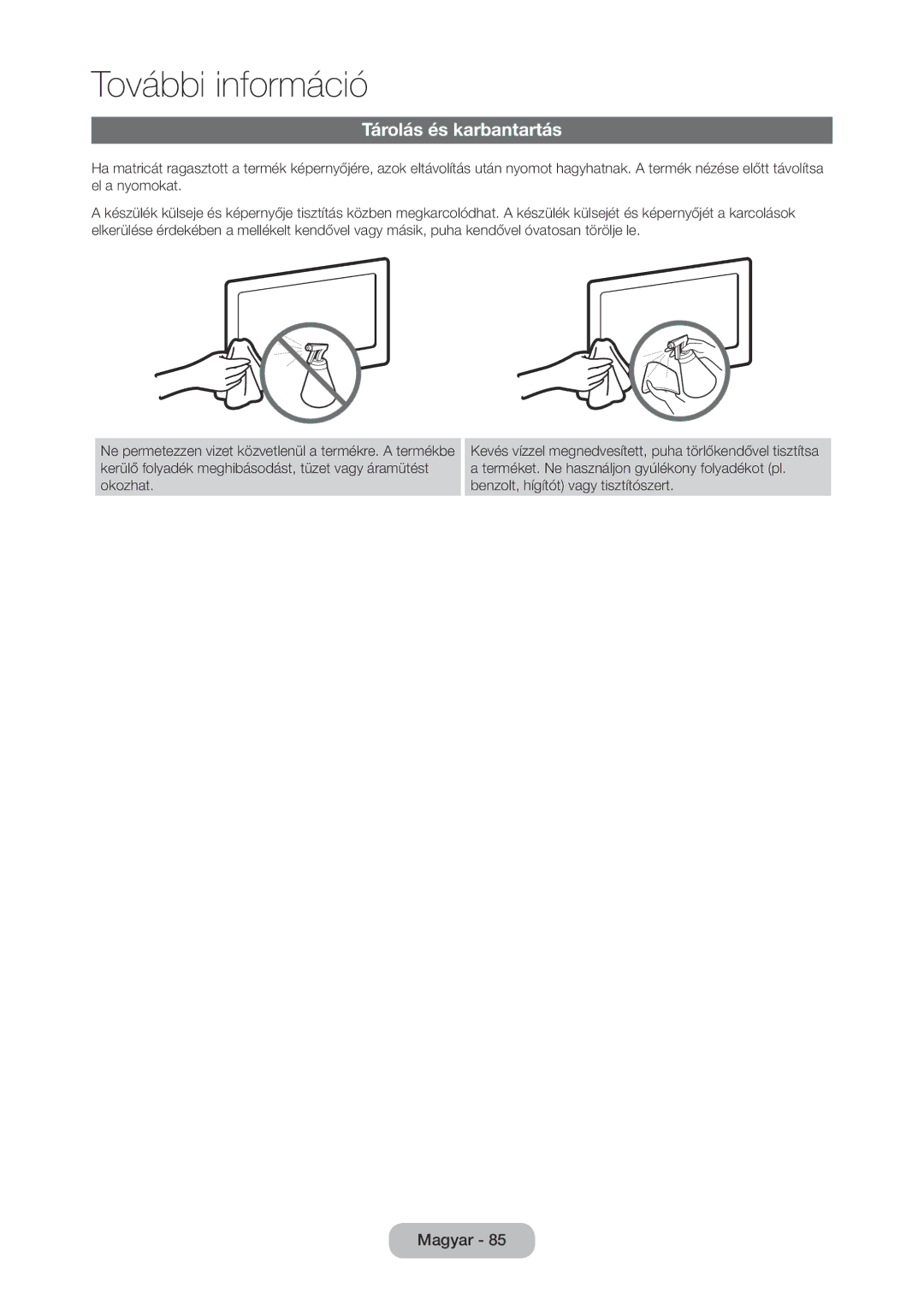 Samsung LT27C350EW/EN, LT23C350EW/EN, LT22C350EW/EN, LT24C350EW/EN, LT24C370EW/EN, LT27C370EW/EN manual Tárolás és karbantartás 