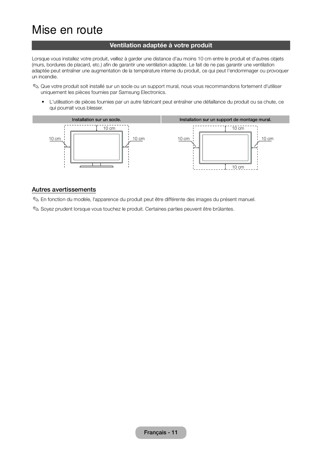 Samsung LT27C370EW/EN, LT23C350EW/EN, LT22C350EW/EN manual Ventilation adaptée à votre produit, Autres avertissements 