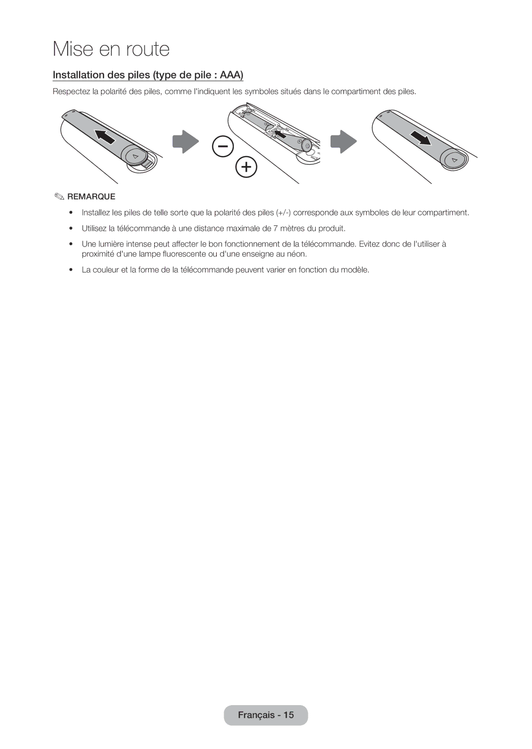 Samsung LT24C370EW/EN, LT23C350EW/EN, LT22C350EW/EN, LT24C350EW/EN manual Installation des piles type de pile AAA, Remarque 