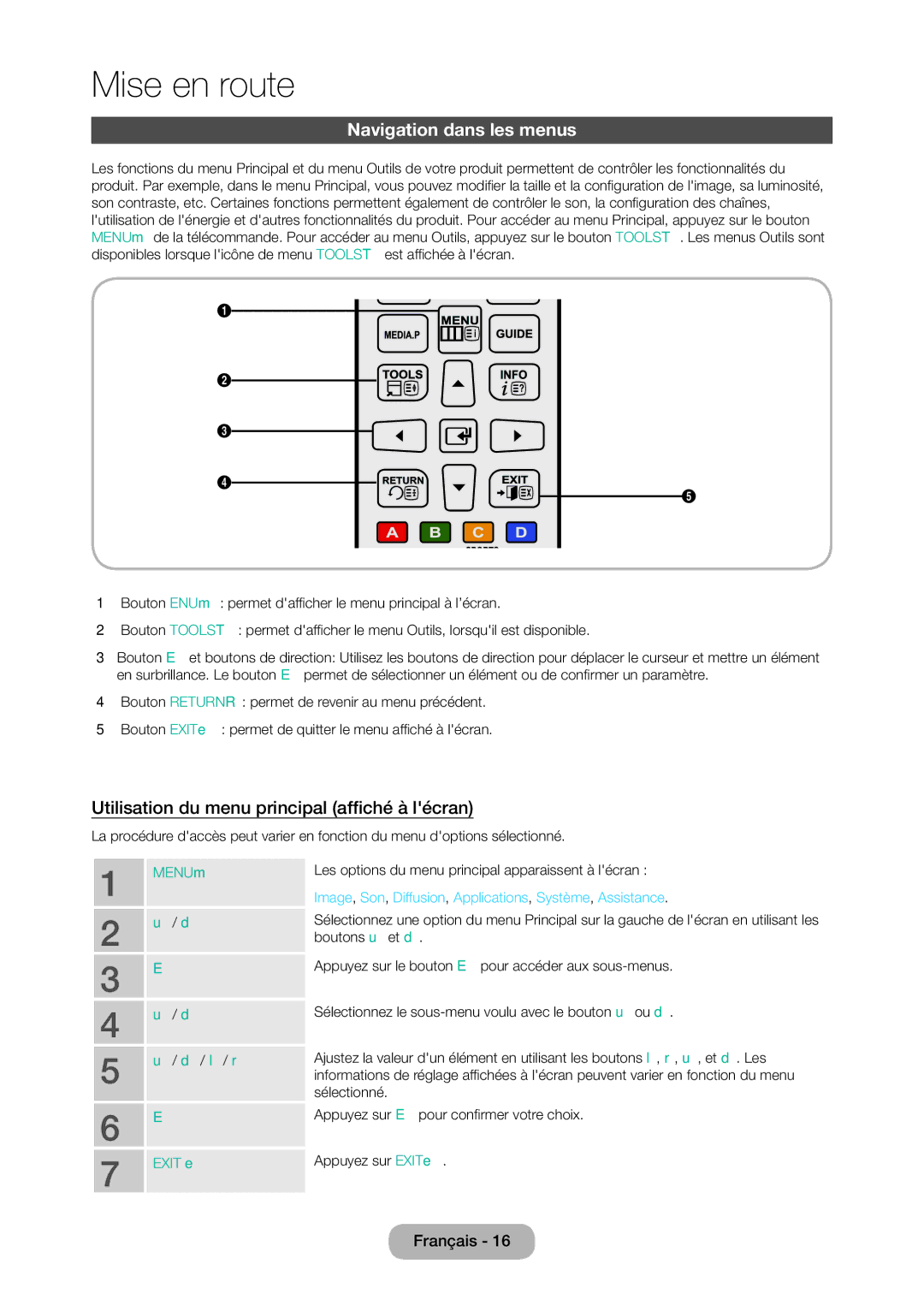 Samsung LT27C350EW/EN, LT23C350EW/EN manual Navigation dans les menus, Utilisation du menu principal affiché à lécran 