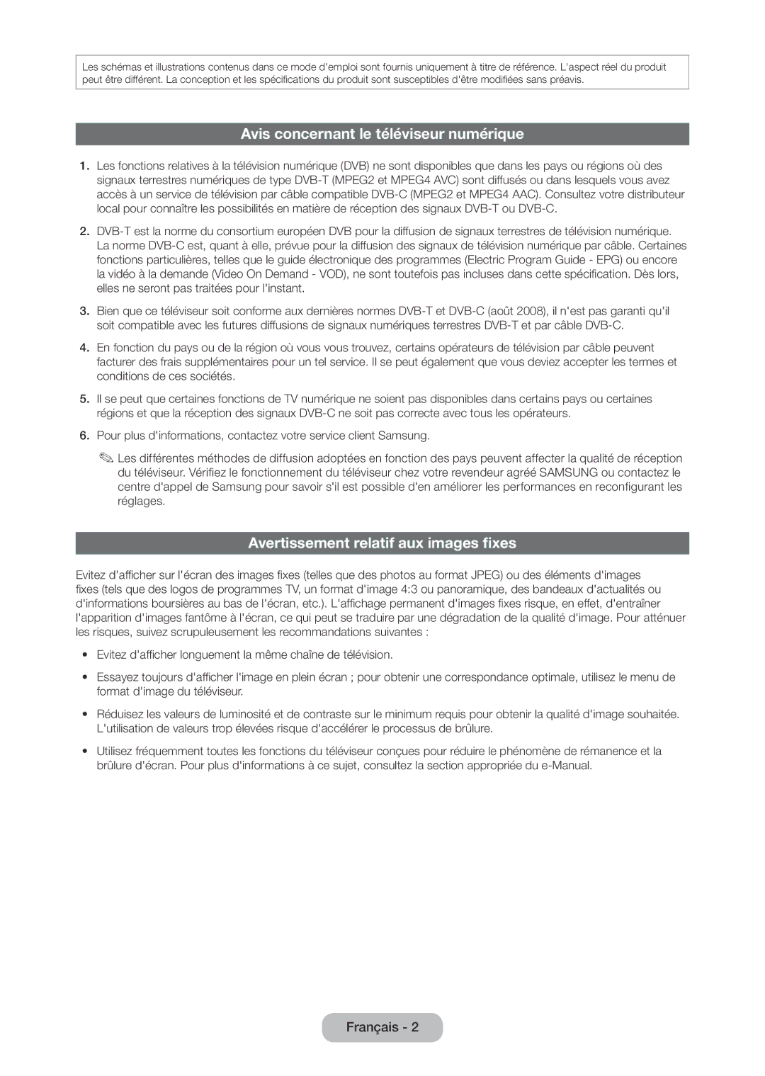 Samsung LT24C350EW/EN, LT23C350EW/EN manual Avis concernant le téléviseur numérique, Avertissement relatif aux images fixes 