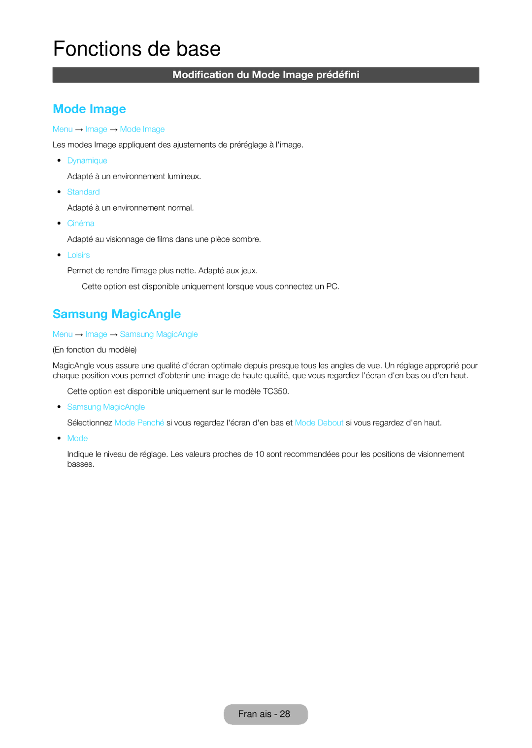Samsung LT27C350EW/EN, LT23C350EW/EN, LT22C350EW/EN manual Samsung MagicAngle, Modification du Mode Image prédéfini 