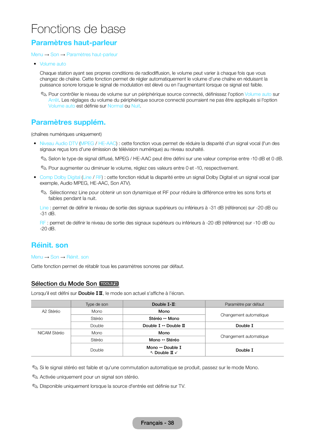 Samsung LT24C350EW/EN, LT23C350EW/EN Paramètres haut-parleur, Paramètres supplém, Réinit. son, Sélection du Mode Son t 