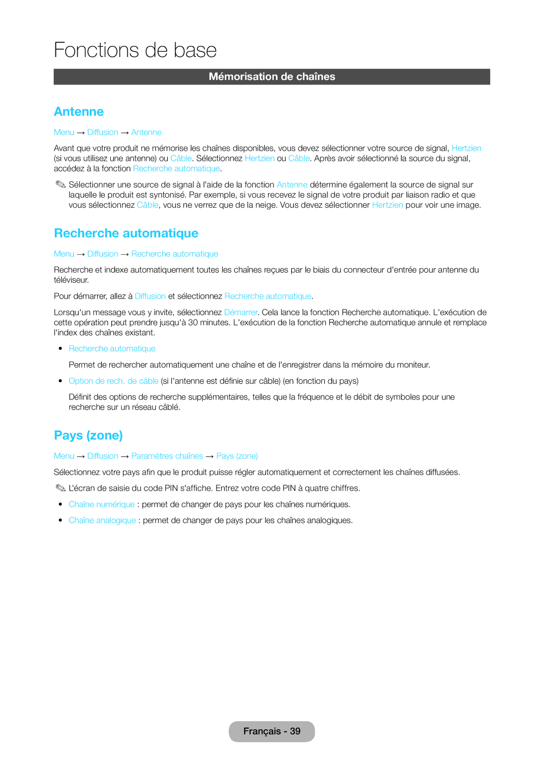Samsung LT24C370EW/EN, LT23C350EW/EN, LT22C350EW/EN manual Antenne, Recherche automatique, Pays zone, Mémorisation de chaînes 