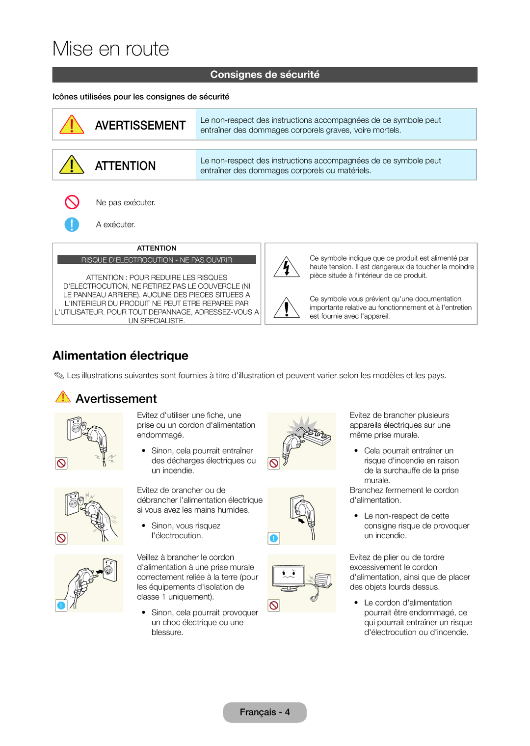 Samsung LT27C350EW/EN Alimentation électrique, Consignes de sécurité, Icônes utilisées pour les consignes de sécurité 