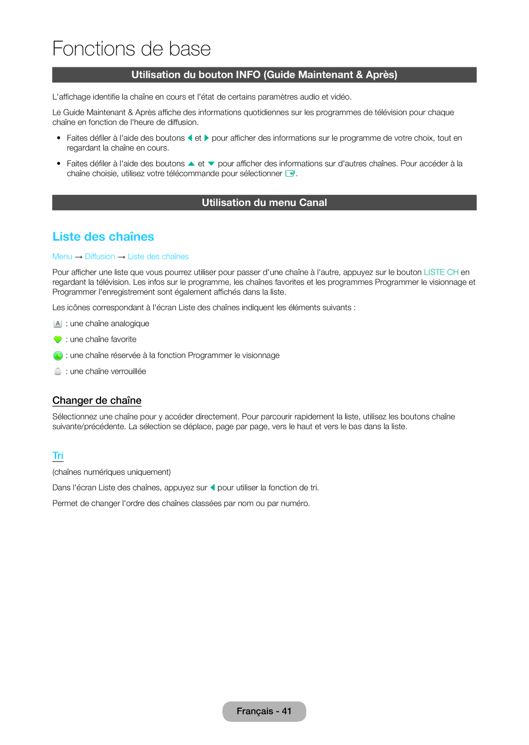 Samsung LT27C370EW/EN Liste des chaînes, Utilisation du bouton Info Guide Maintenant & Après, Utilisation du menu Canal 