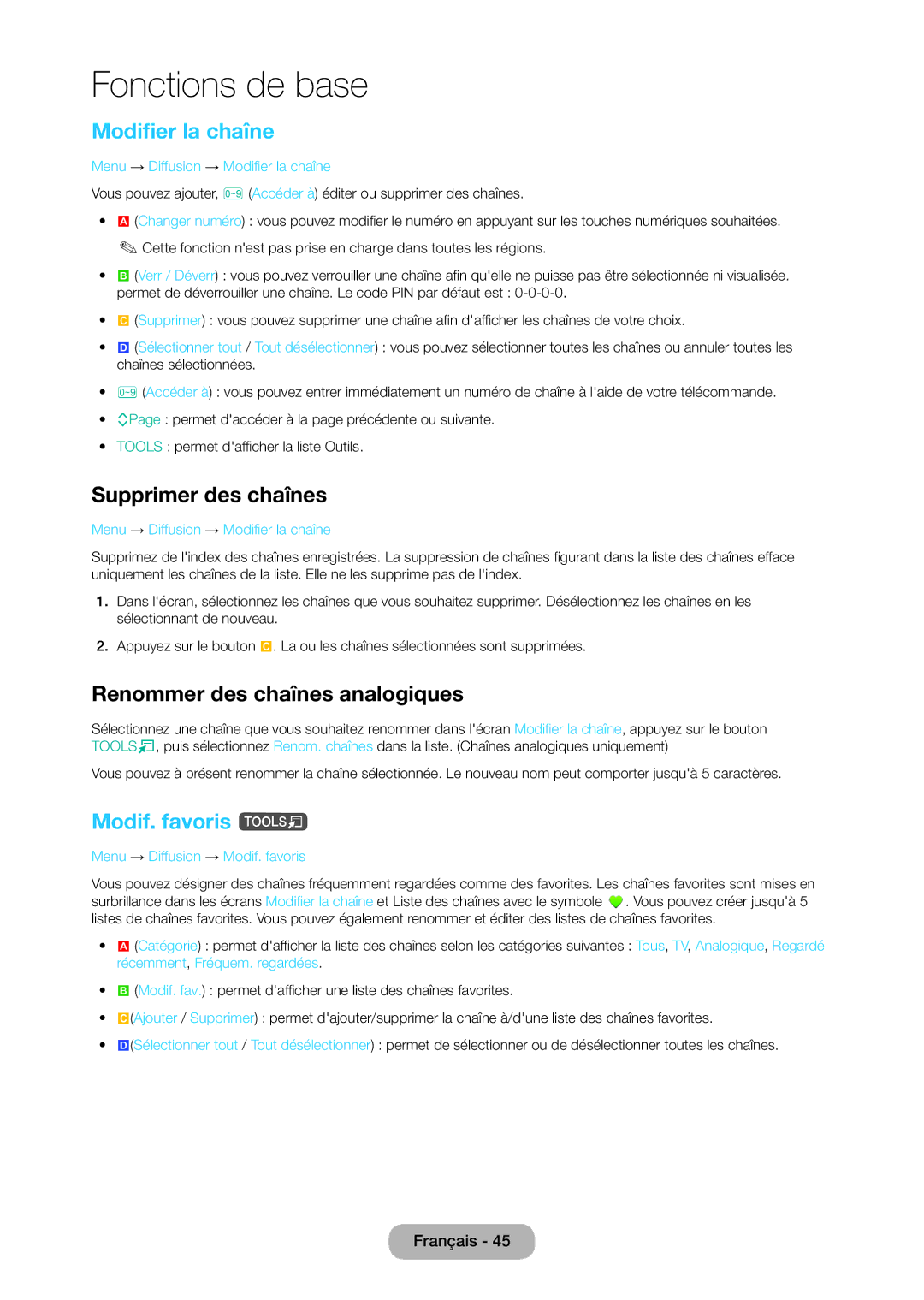 Samsung LT24C370EW/EN manual Modifier la chaîne, Supprimer des chaînes, Renommer des chaînes analogiques, Modif. favoris t 