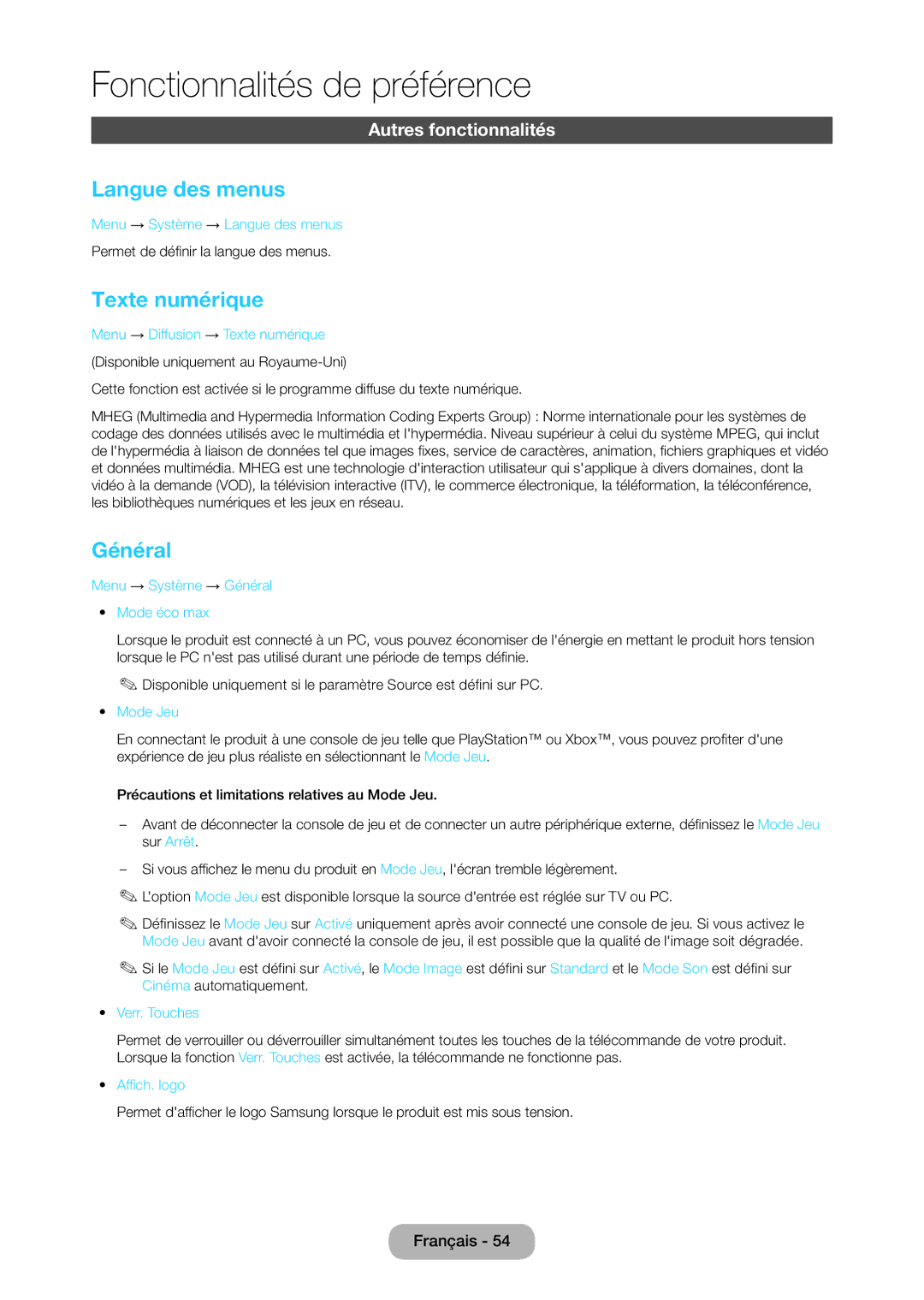 Samsung LT23C350EW/EN, LT22C350EW/EN, LT24C350EW/EN, LT24C370EW/EN, LT27C350EW/EN Langue des menus, Texte numérique, Général 