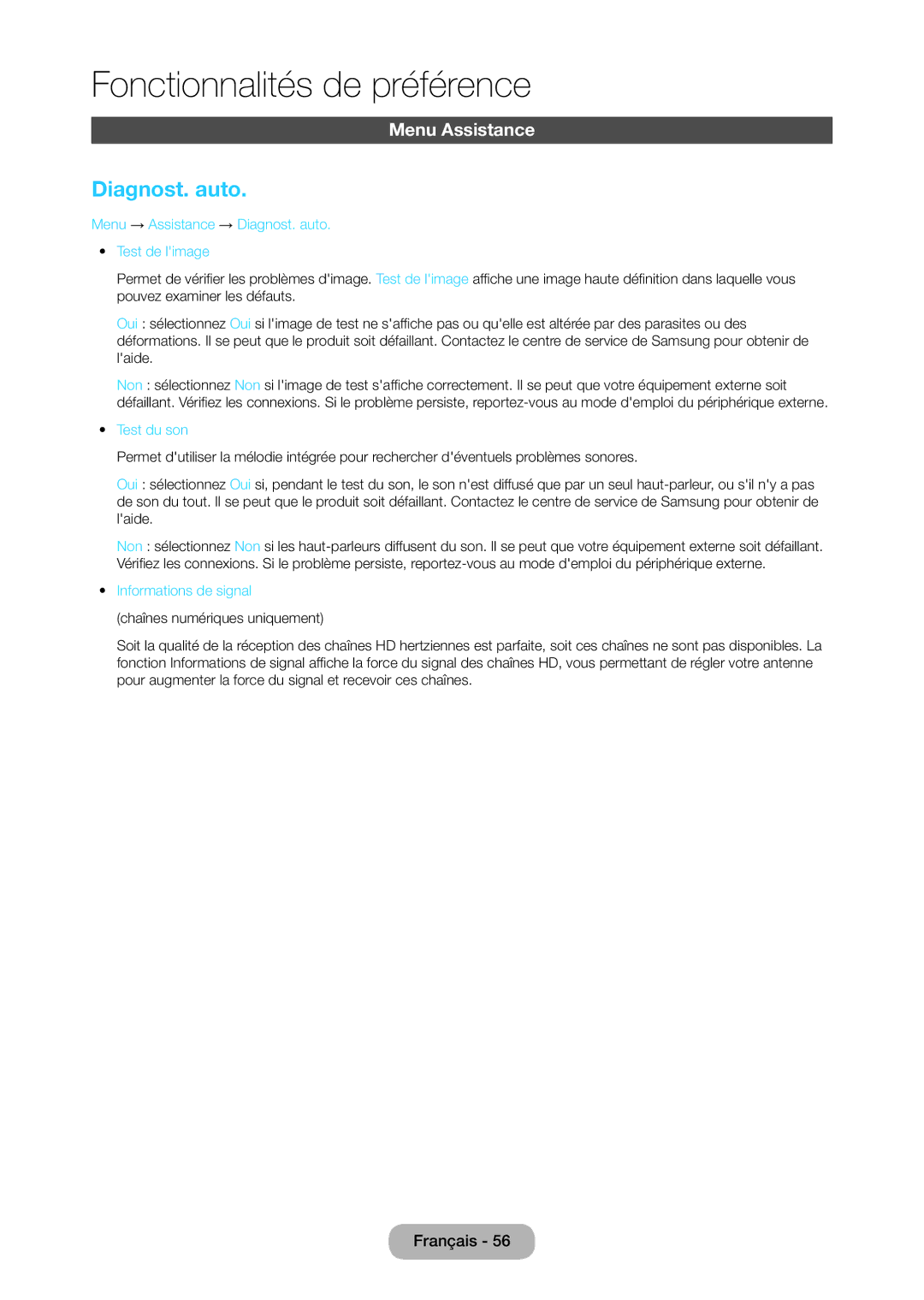Samsung LT24C350EW/EN, LT23C350EW/EN Menu Assistance, Menu → Assistance → Diagnost. auto Test de limage, Test du son 