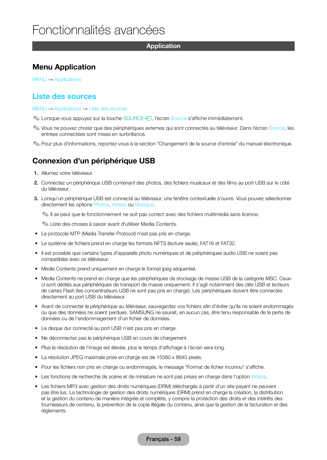 Samsung LT27C370EW/EN, LT23C350EW/EN, LT22C350EW/EN Menu Application, Liste des sources, Connexion dun périphérique USB 