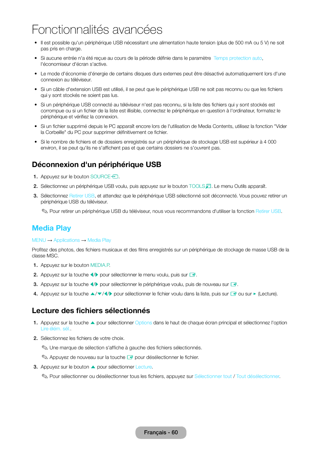 Samsung LT23C350EW/EN, LT22C350EW/EN manual Déconnexion dun périphérique USB, Media Play, Lecture des fichiers sélectionnés 