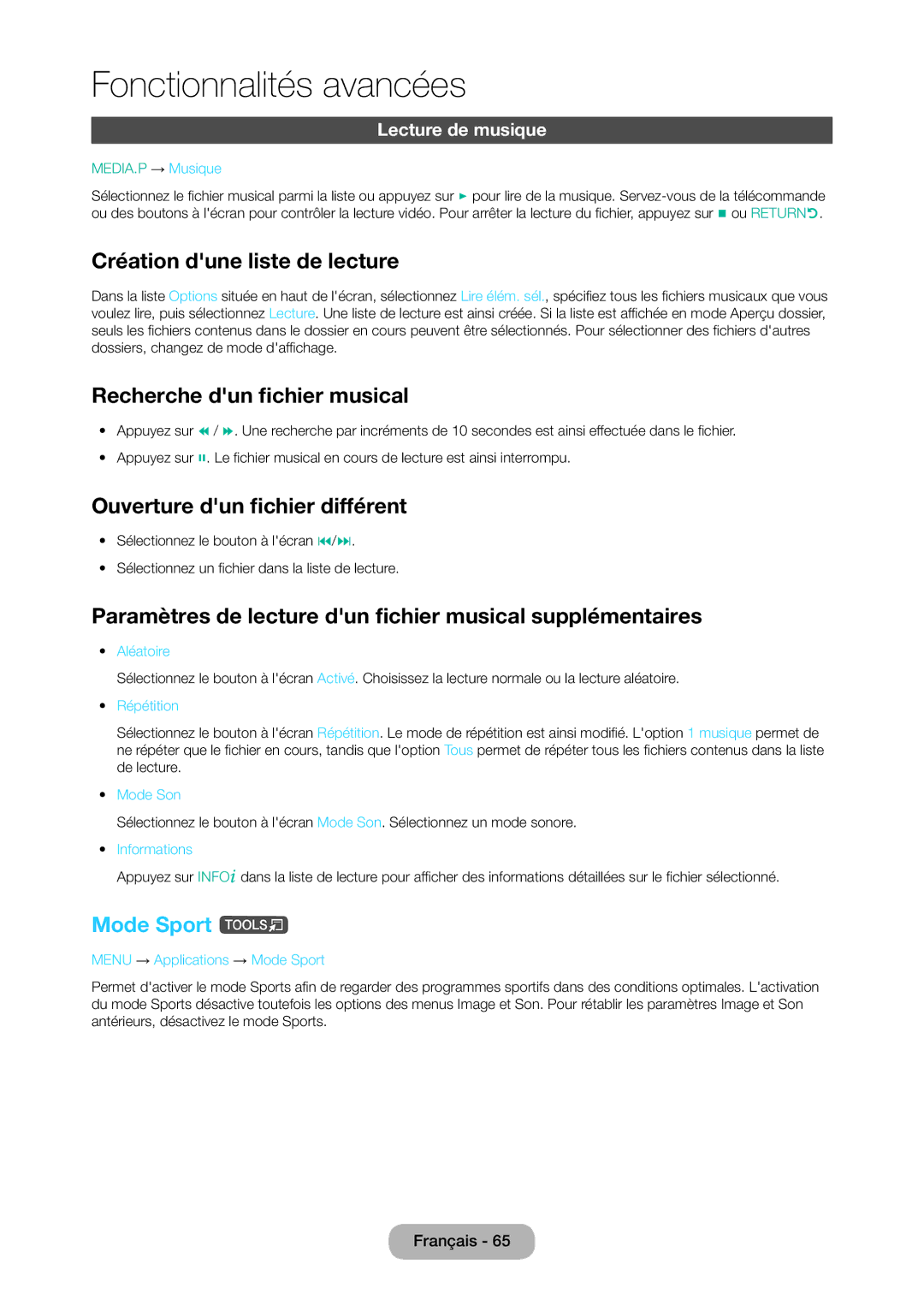 Samsung LT27C370EW/EN manual Recherche dun fichier musical, Paramètres de lecture dun fichier musical supplémentaires 