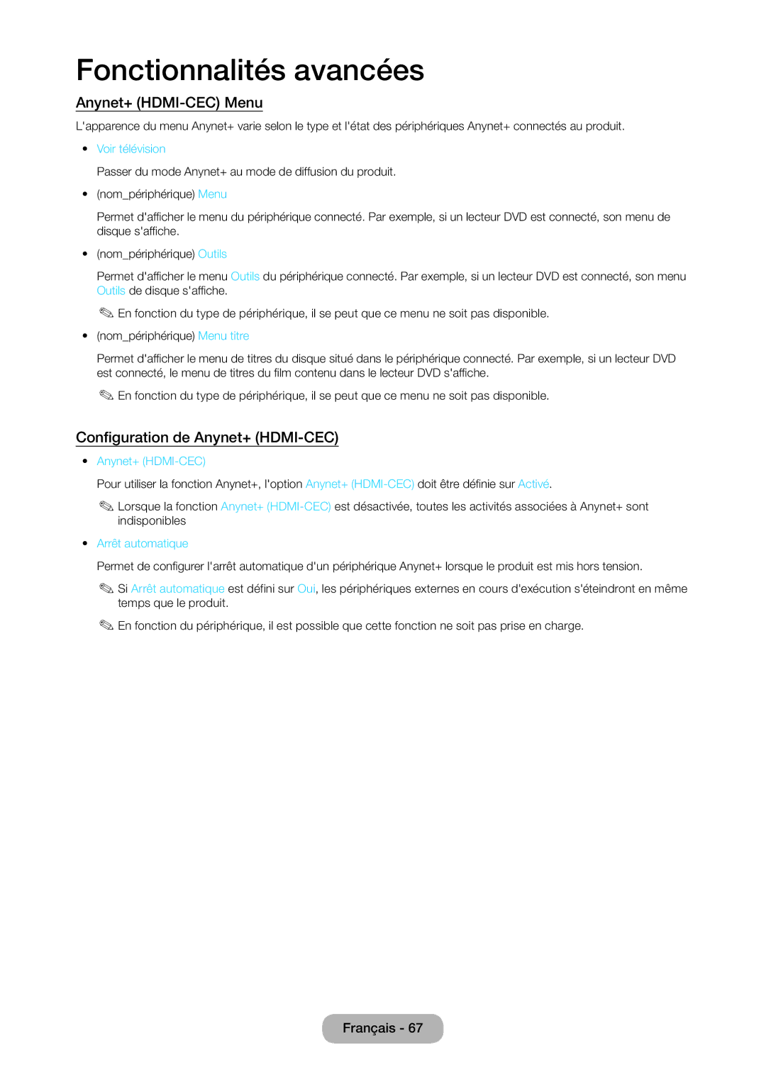 Samsung LT22C350EW/EN manual Anynet+ HDMI-CEC Menu, Configuration de Anynet+ HDMI-CEC, Voir télévision, Arrêt automatique 