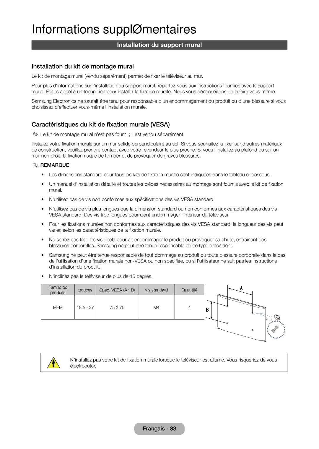 Samsung LT27C370EW/EN Installation du support mural, Installation du kit de montage mural, Provoquer de graves blessures 