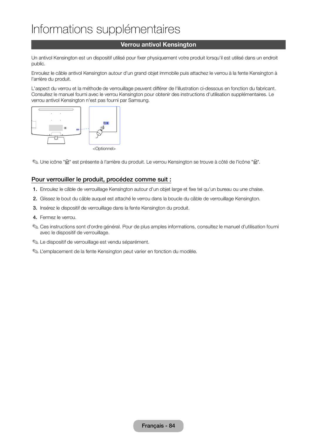 Samsung LT23C350EW/EN, LT22C350EW/EN manual Verrou antivol Kensington, Pour verrouiller le produit, procédez comme suit 