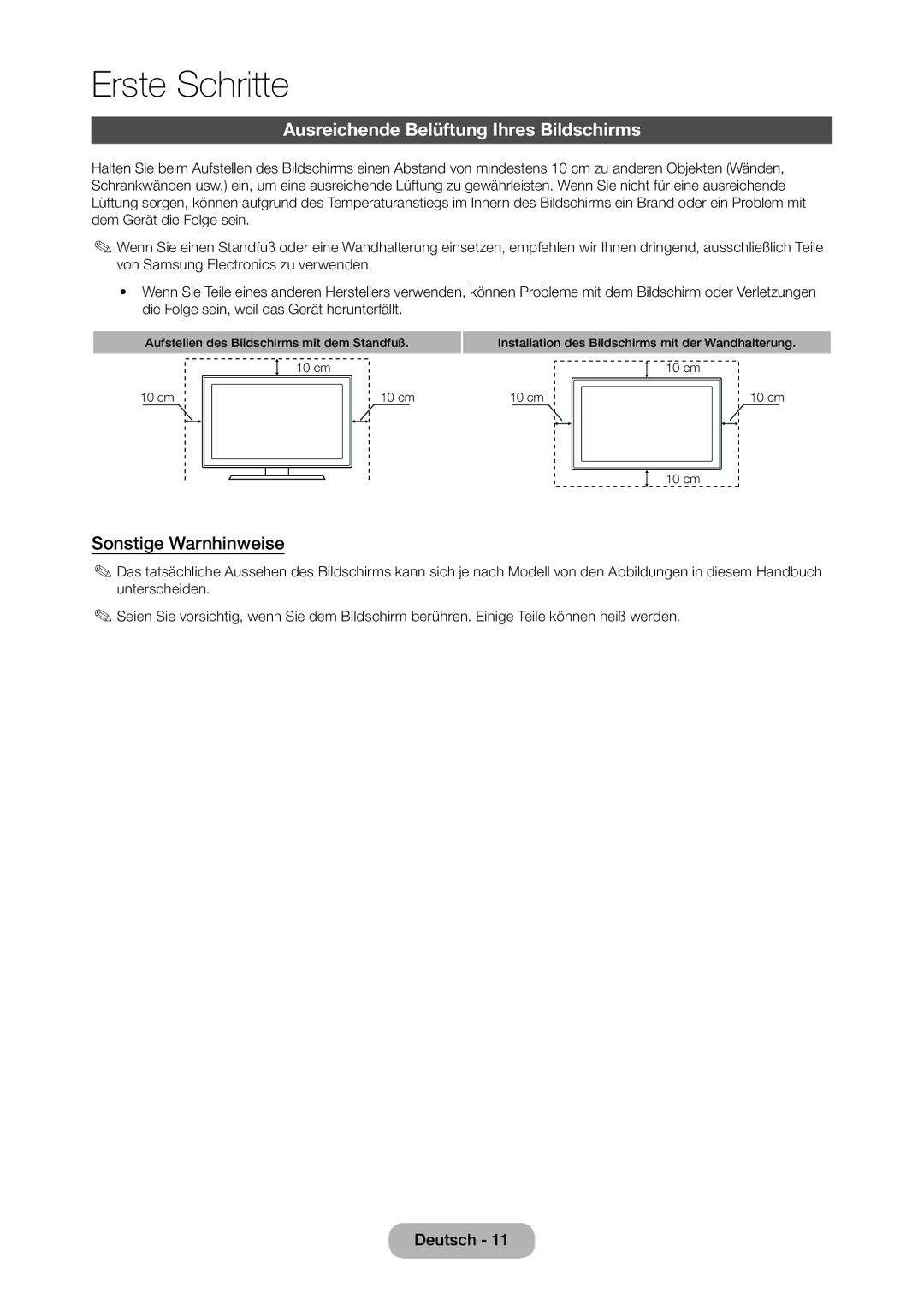 Samsung LT27C370EW/EN, LT23C350EW/EN, LT22C350EW/EN manual Ausreichende Belüftung Ihres Bildschirms, Sonstige Warnhinweise 