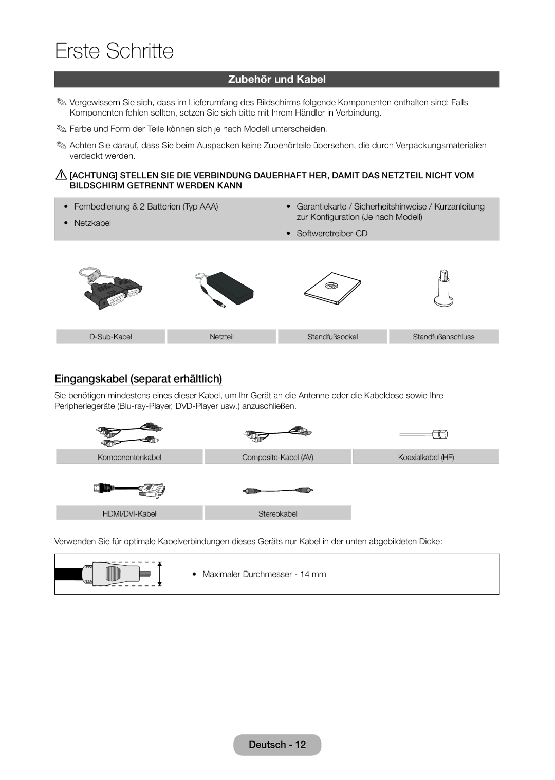 Samsung LT23C350EW/EN manual Zubehör und Kabel, Eingangskabel separat erhältlich, Fernbedienung & 2 Batterien Typ AAA 