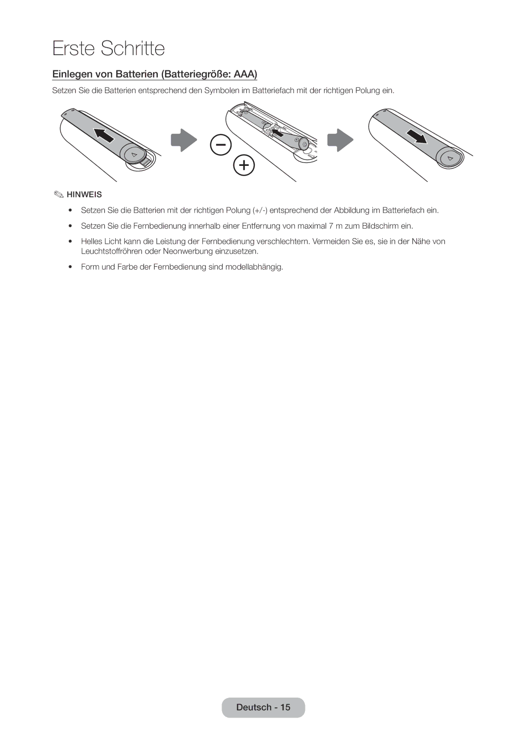 Samsung LT24C370EW/EN, LT23C350EW/EN, LT22C350EW/EN, LT24C350EW/EN manual Einlegen von Batterien Batteriegröße AAA, Hinweis 