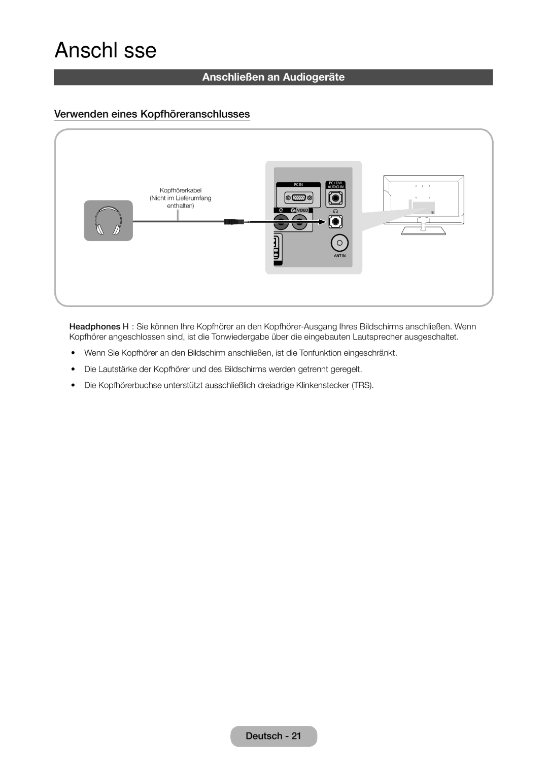 Samsung LT24C370EW/EN, LT23C350EW/EN, LT22C350EW/EN manual Anschließen an Audiogeräte, Verwenden eines Kopfhöreranschlusses 