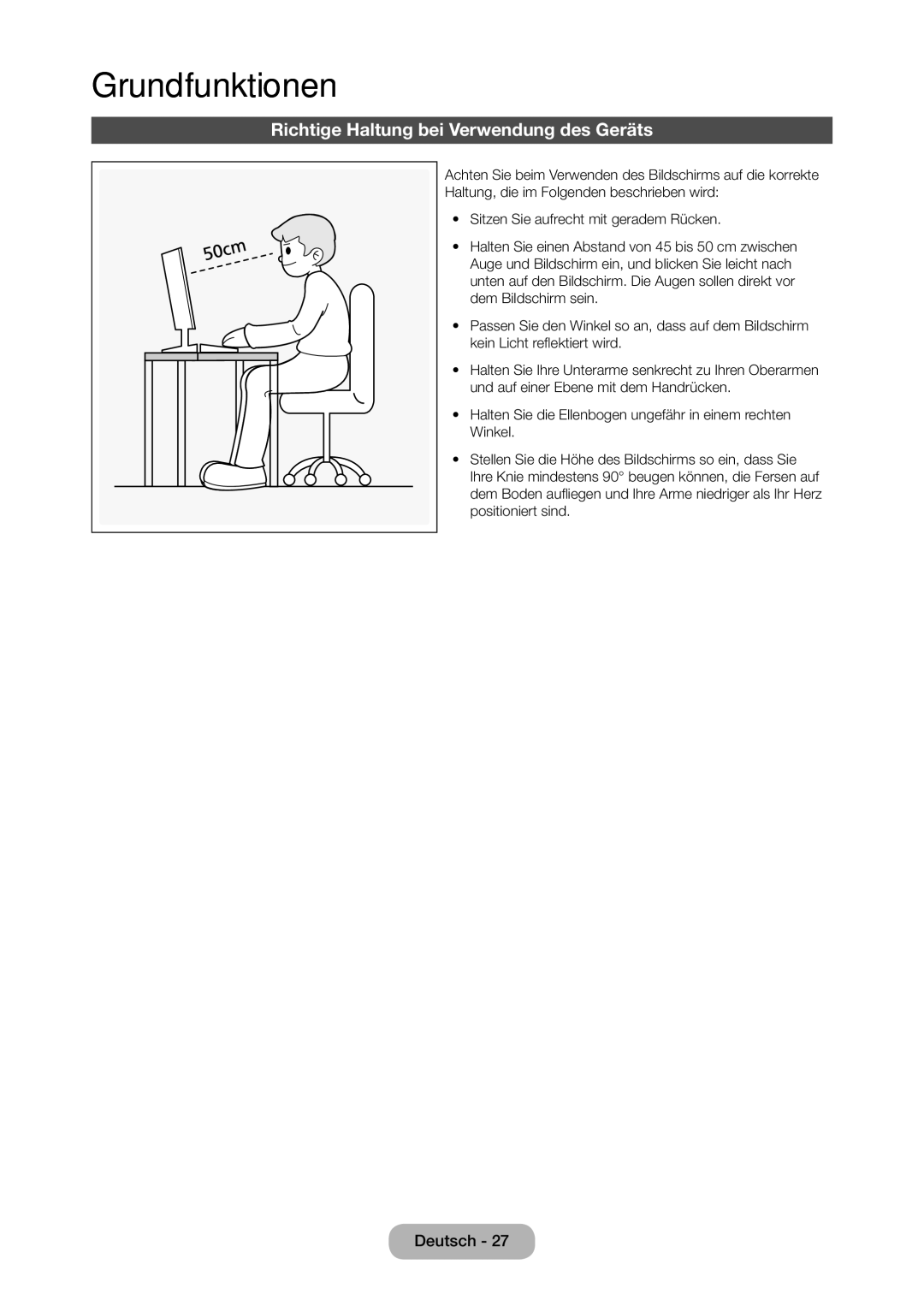 Samsung LT24C370EW/EN, LT23C350EW/EN, LT22C350EW/EN manual Grundfunktionen, Richtige Haltung bei Verwendung des Geräts 