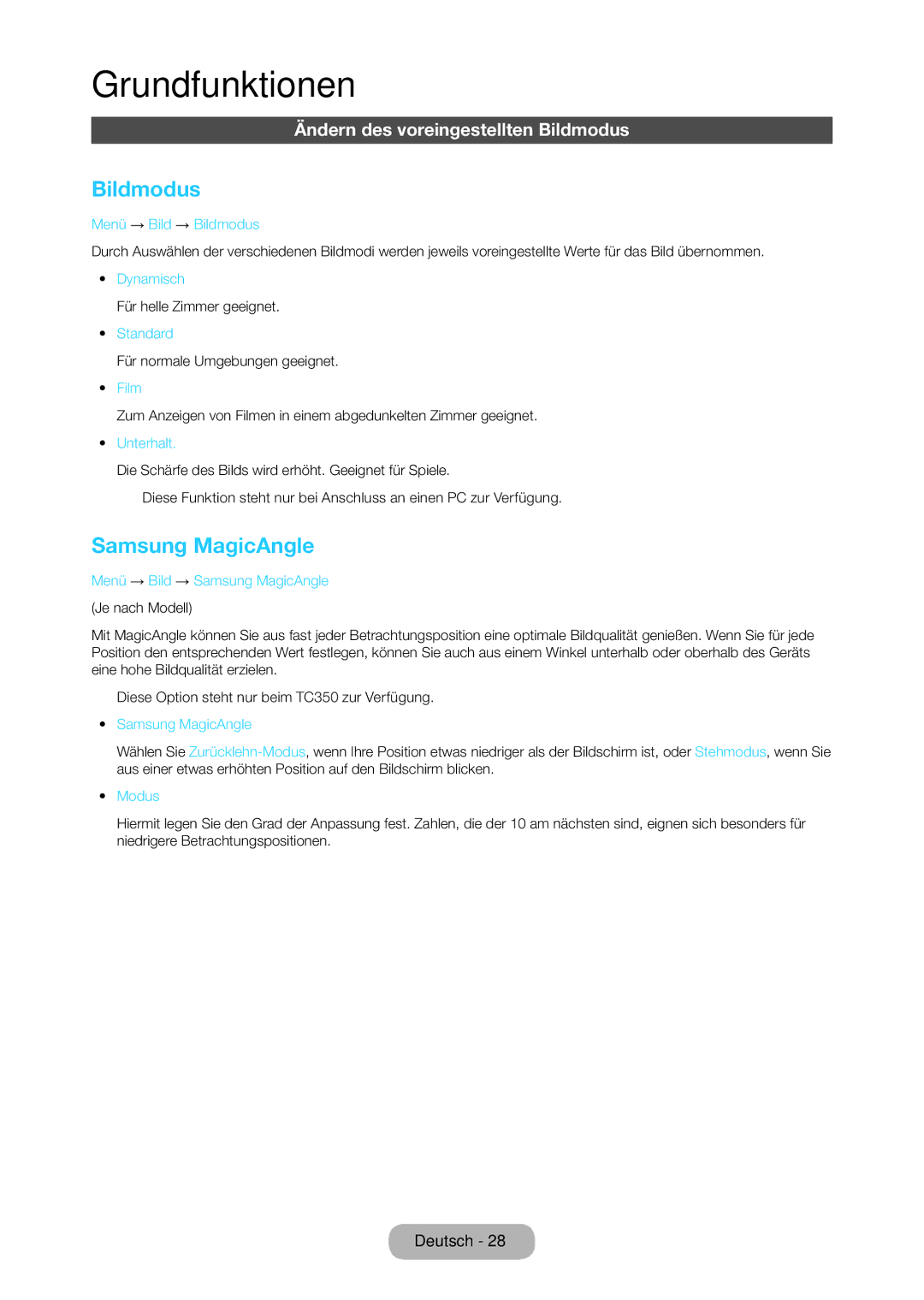 Samsung LT27C350EW/EN, LT23C350EW/EN, LT22C350EW/EN manual Samsung MagicAngle, Ändern des voreingestellten Bildmodus 