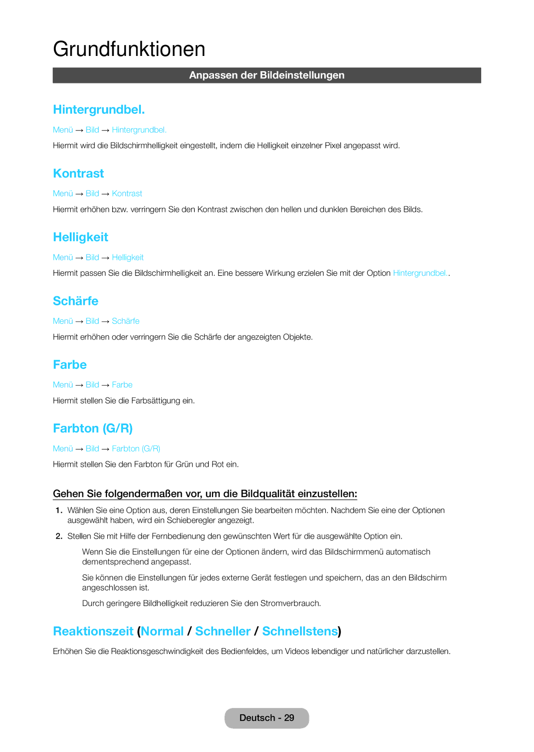Samsung LT27C370EW/EN, LT23C350EW/EN, LT22C350EW/EN manual Hintergrundbel, Kontrast, Helligkeit, Schärfe, Farbe, Farbton G/R 