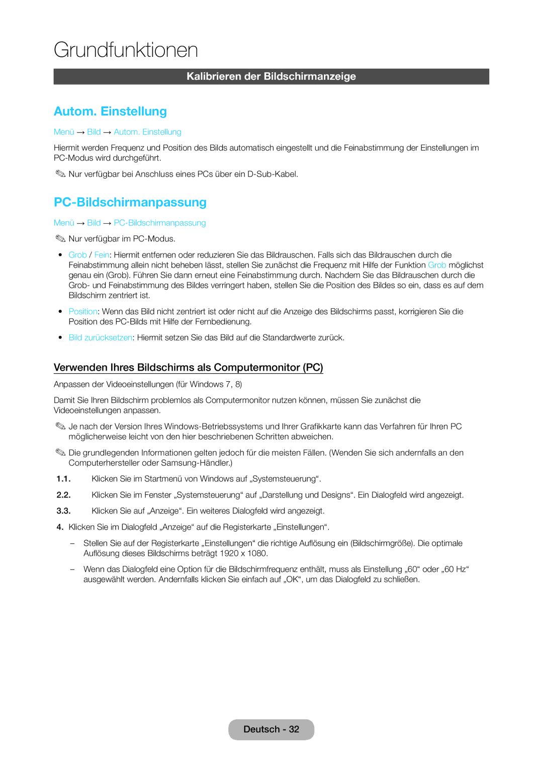 Samsung LT24C350EW/EN, LT23C350EW/EN manual Autom. Einstellung, PC-Bildschirmanpassung, Kalibrieren der Bildschirmanzeige 