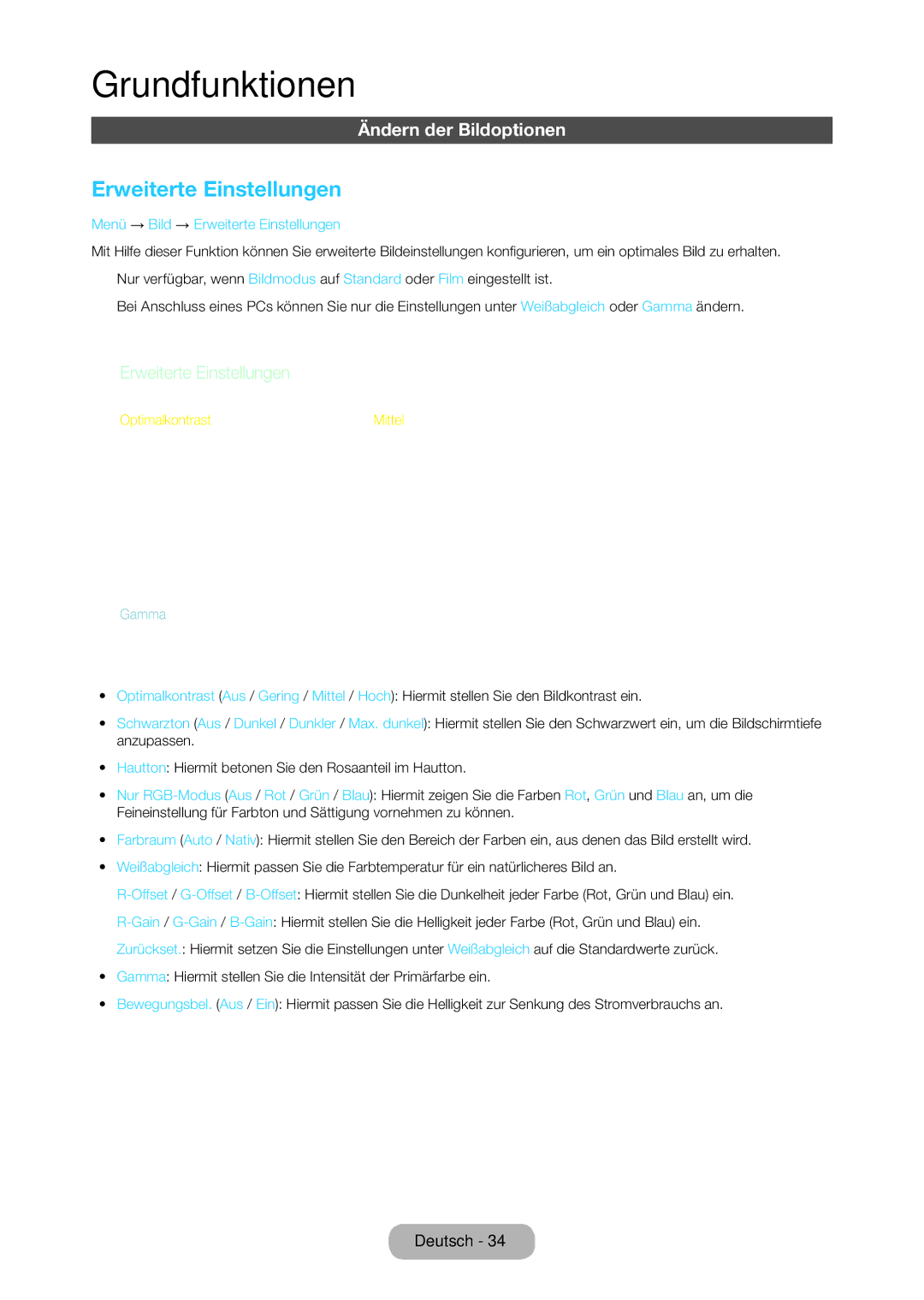 Samsung LT27C350EW/EN, LT23C350EW/EN, LT22C350EW/EN Ändern der Bildoptionen, Menü → Bild → Erweiterte Einstellungen 