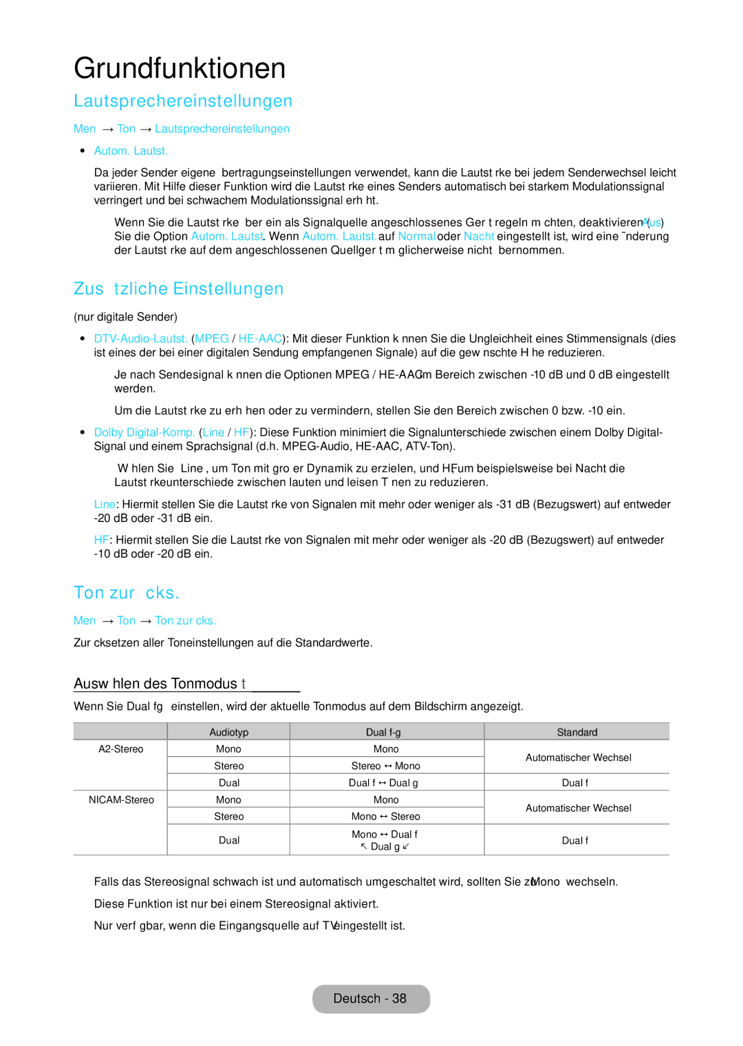 Samsung LT24C350EW/EN manual Lautsprechereinstellungen, Zusätzliche Einstellungen, Ton zurücks, Auswählen des Tonmodus t 