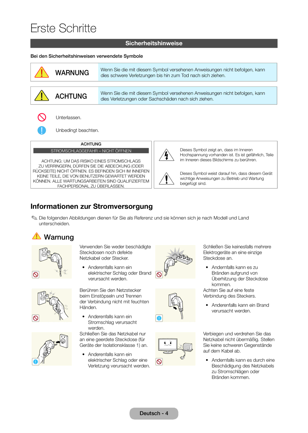 Samsung LT27C350EW/EN, LT23C350EW/EN, LT22C350EW/EN, LT24C350EW/EN Informationen zur Stromversorgung, Sicherheitshinweise 