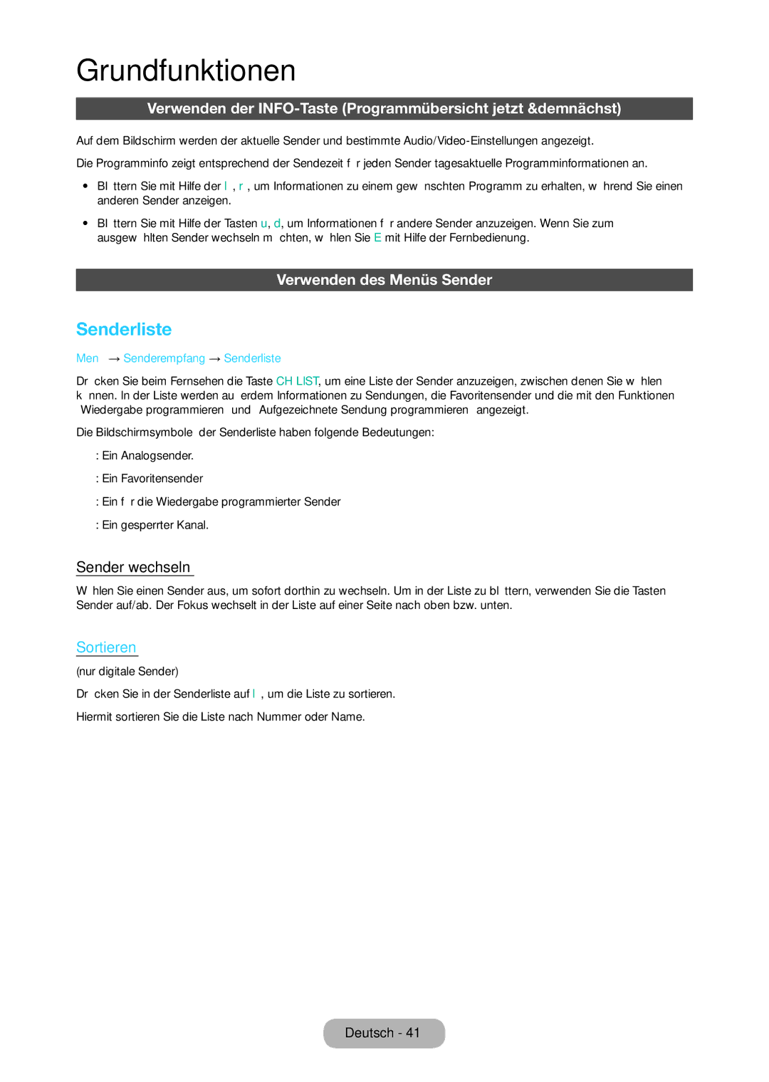 Samsung LT27C370EW/EN Senderliste, Verwenden der INFO-Taste Programmübersicht jetzt &demnächst, Verwenden des Menüs Sender 