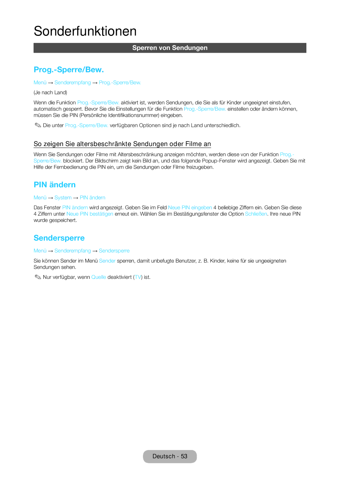 Samsung LT27C370EW/EN, LT23C350EW/EN, LT22C350EW/EN manual Prog.-Sperre/Bew, PIN ändern, Sendersperre, Sperren von Sendungen 