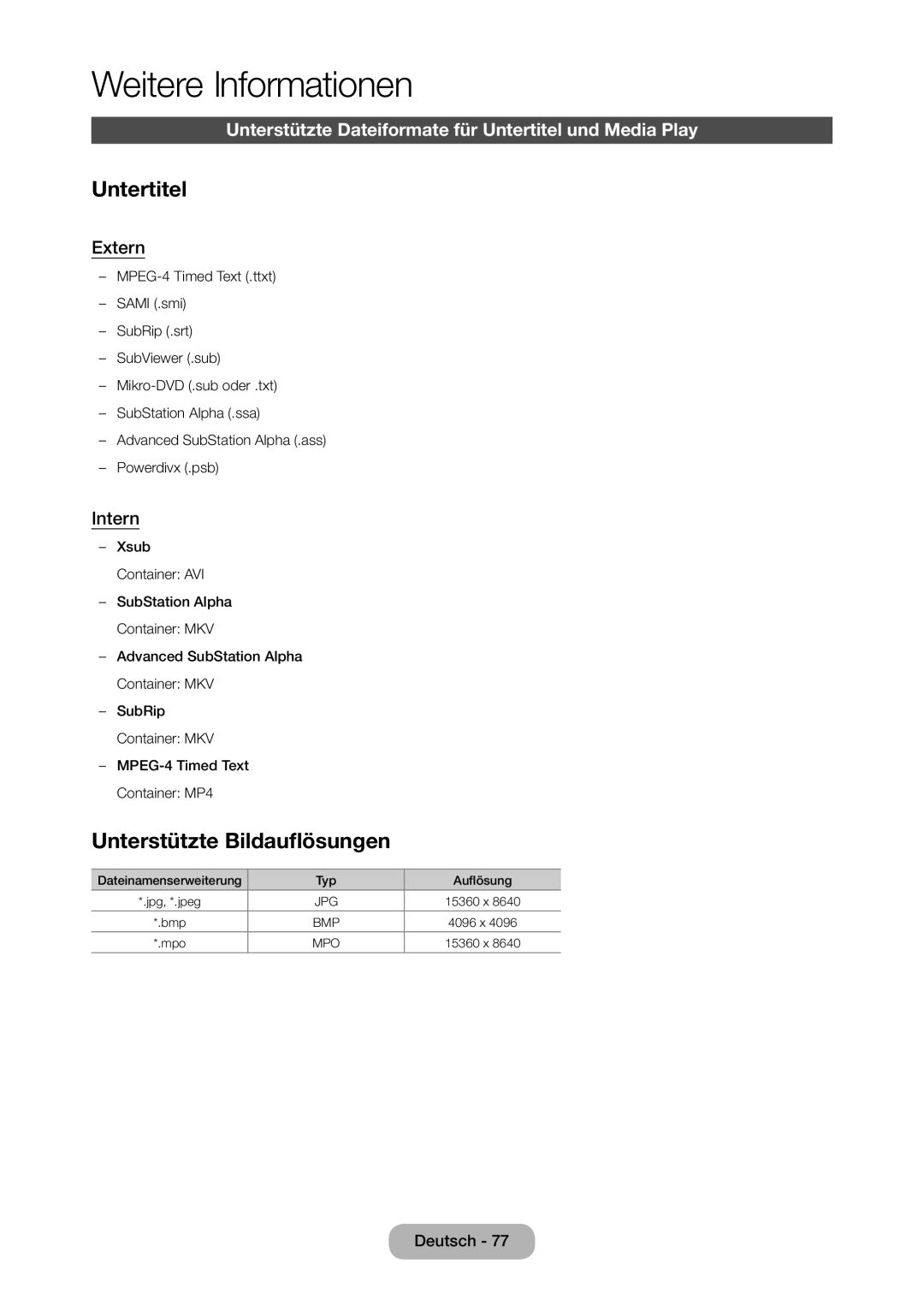 Samsung LT27C370EW/EN Unterstützte Bildauflösungen, Unterstützte Dateiformate für Untertitel und Media Play, Extern 