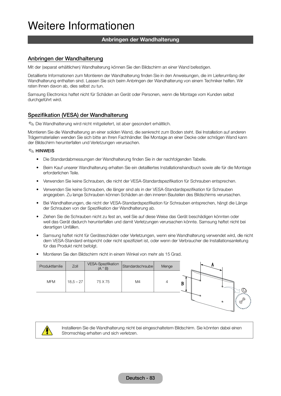 Samsung LT27C370EW/EN manual Anbringen der Wandhalterung, Spezifikation Vesa der Wandhalterung, Entsprechen, Schrauben 