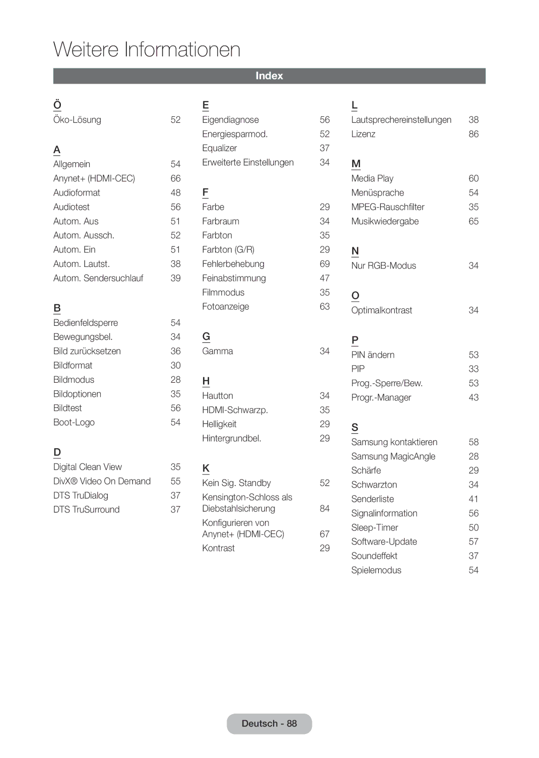 Samsung LT27C350EW/EN, LT23C350EW/EN, LT22C350EW/EN, LT24C350EW/EN, LT24C370EW/EN, LT27C370EW/EN Index, 34 M, 29 N, 35 O, 29 S 