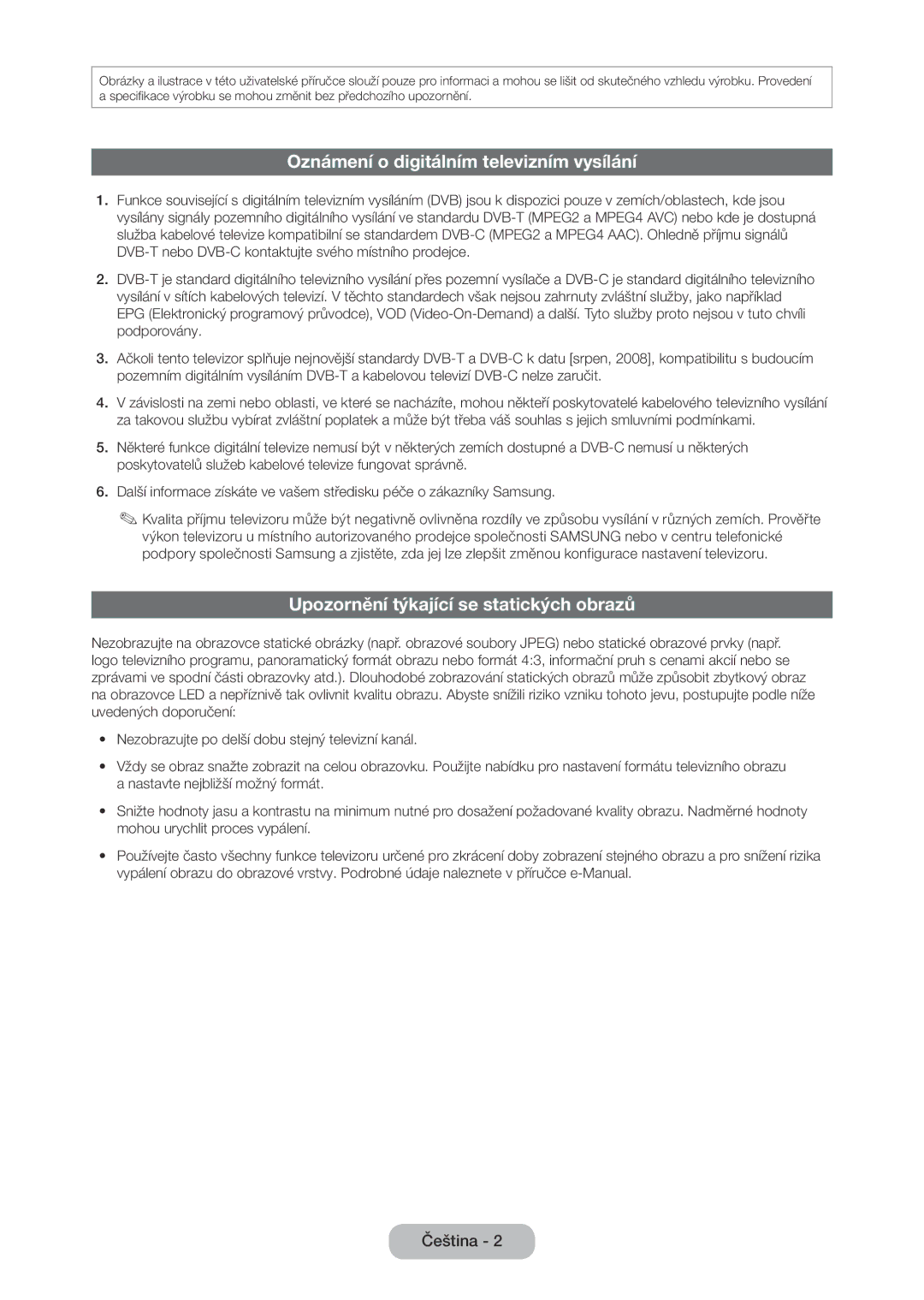 Samsung LT24C350EW/EN, LT23C350EW/EN Oznámení o digitálním televizním vysílání, Upozornění týkající se statických obrazů 