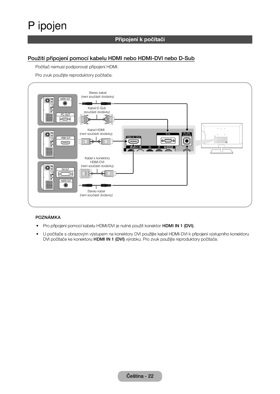 Samsung LT27C350EW/EN, LT23C350EW/EN, LT22C350EW/EN, LT24C350EW/EN, LT24C370EW/EN, LT27C370EW/EN manual Připojení k počítači 