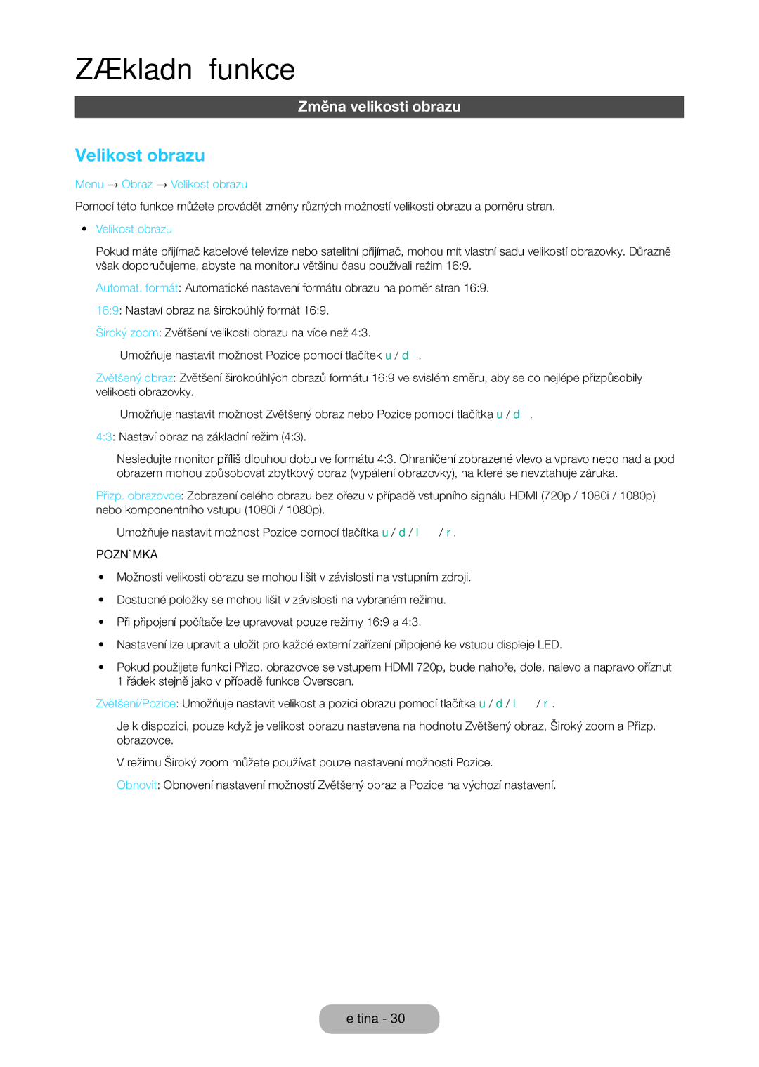 Samsung LT23C350EW/EN, LT22C350EW/EN, LT24C350EW/EN manual Změna velikosti obrazu, Menu → Obraz → Velikost obrazu 