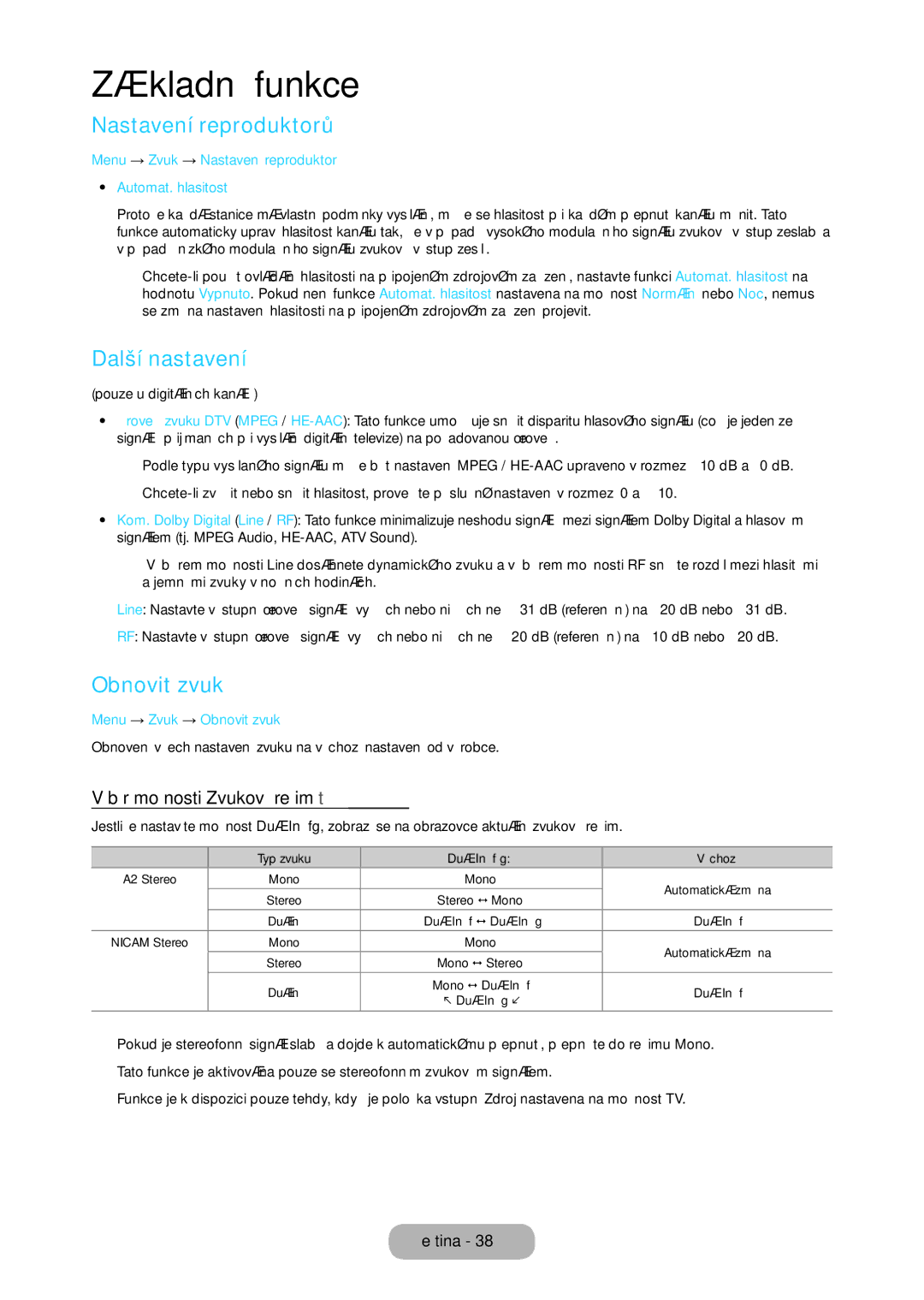 Samsung LT24C350EW/EN, LT23C350EW/EN Nastavení reproduktorů, Další nastavení, Obnovit zvuk, Výběr možnosti Zvukový režim t 