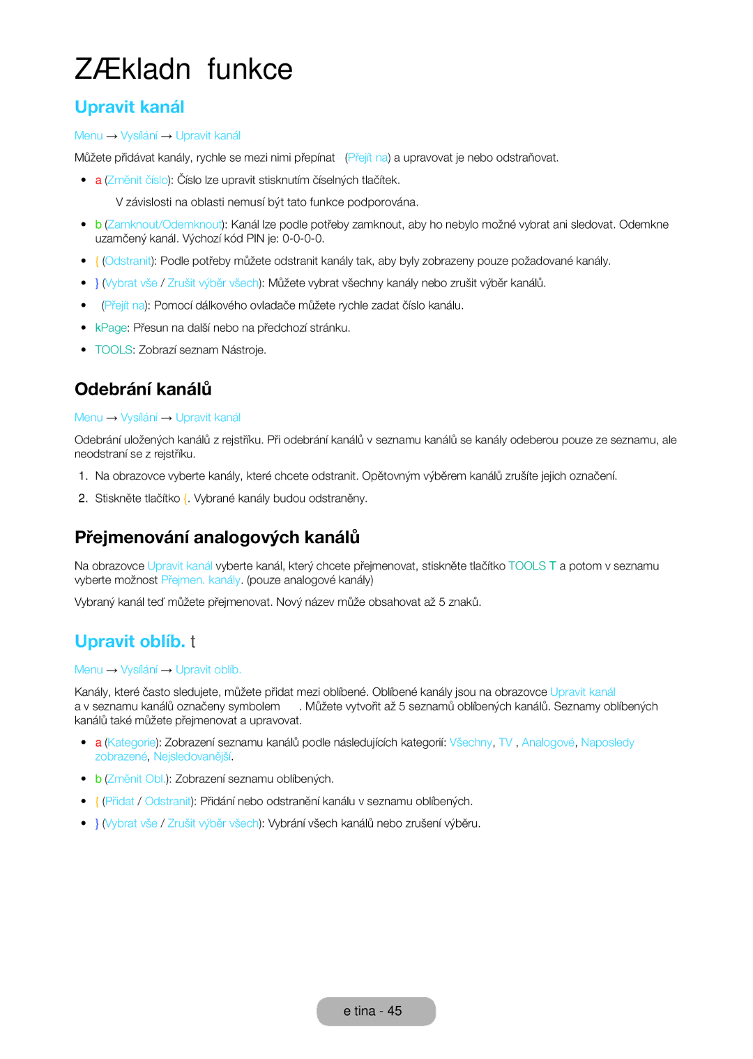 Samsung LT24C370EW/EN, LT23C350EW/EN Upravit kanál, Odebrání kanálů, Přejmenování analogových kanálů, Upravit oblíb. t 