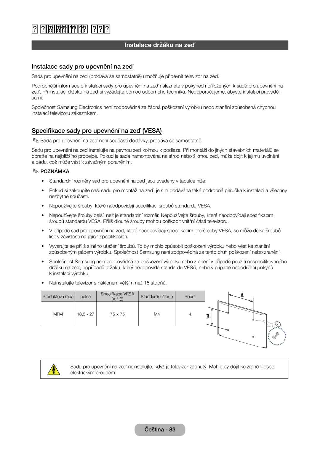 Samsung LT27C370EW/EN, LT23C350EW/EN, LT22C350EW/EN manual Instalace držáku na zeď, Instalace sady pro upevnění na zeď 