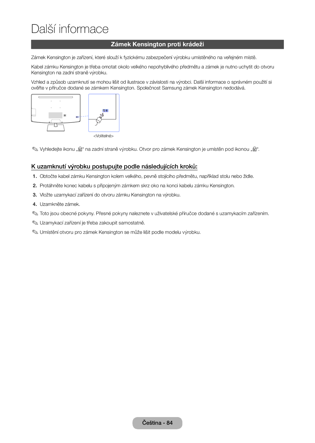 Samsung LT23C350EW/EN manual Zámek Kensington proti krádeži, Uzamknutí výrobku postupujte podle následujících kroků 